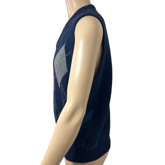 Isle Of Cotton Men’s Vintage Vest L Navy Multi Diamond Pattern Retro Golf Rugby - Picture 8 of 13
